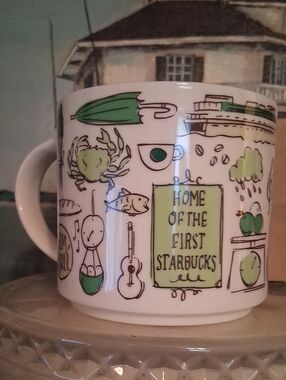 Starbucks Pike Place Mug with Green Illustration Accents NWT
